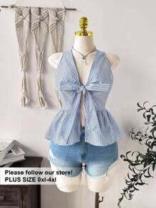 SHEIN EZwear Camicia senza maniche con stampa a righe, arricciatura sul fondo e laccetti davanti, taglie comode - Blu e Bianco - Visualizzare 7