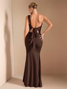 SHEIN BAE 优雅不对称领口垂肩长裙，适合日常穿着、约会、夜间外出、俱乐部派对、秋季，酒红色 - 咖啡棕 - 查看 6