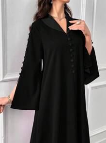Al Najma 女士优雅纯色阿拉伯风格连衣裙 - 黑色 - 查看 8