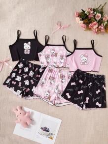 3件套女童夏季休闲舒适卡通猫咪爱心印花蝴蝶结装饰背心+短裤家居服，适合青少年女孩，另有兔子睡衣套装