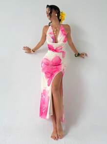 Aloruh Vestido de verano elegante de mujer con estampado floral, abertura alta y espalda descubierta - Rosa - Ver 1