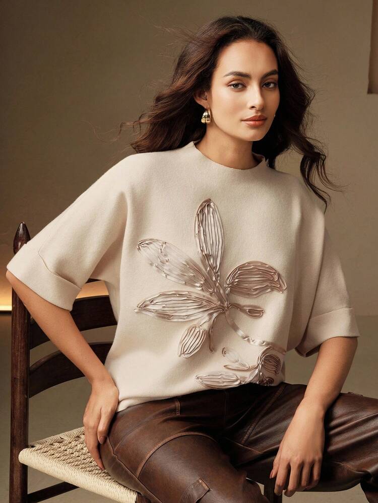 Beige Elegant Floral Embroidery Short Sleeve Comfortable Women Sweater