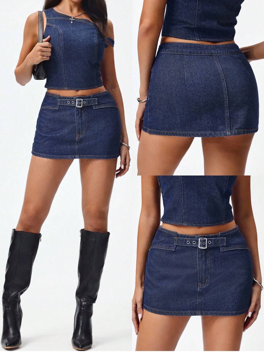 Jeanoix Váy denim cạp thấp mini cài nút giản dị cho nữ dạo phố - Rửa tối - Xem 1