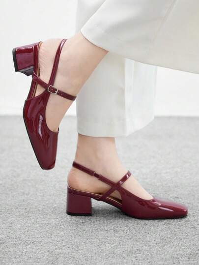 CUCCOO BIZCHIC Sepatu Wanita Ujung Persegi Hak Sedang Tebal Warna Burgundy Modis dengan Tali Belakang Minimalis Klasik, Cocok untuk Perjalanan Sehari-hari, Kerja, dan Acara Santai, Cocok untuk Natal dan Musim Semi.