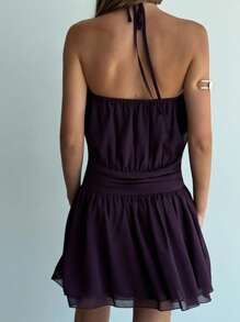 Aloruh Women's Dark Purple Summer Casual Mini Halter Neck Dress,Metal Shell Decor Ruched Chiffon Vacation Holiday Beach Outfits Wedding Guest Dress - Purple - View 4