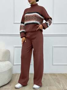 SHEIN Tall Women's Geometric Pattern High Neck Sweater 2pcs/Set, Tall Women - Rusty Rose - View 5