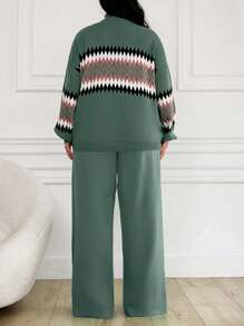 EURMUSE Women's Geometric Pattern High Neck Sweater 2pcs/Set - Mint Green - View 2