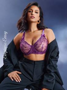 SHEIN 大码蕾丝蝴蝶结装饰胸罩无钢圈胸罩，内衣 - 紫色 - 查看 3