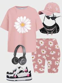 SHEIN Leap Crew 2件套少女休闲简约短袖宽松T恤和打底裤套装，适合夏季少女穿着。夏季短款套装，少女休闲印花杏色圆领短袖T恤，饰有雏菊图案，夏季童装雏菊印花两件套短款套装。 - 彩色 - 查看 3