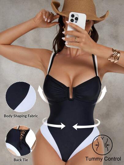 Shapewave Traje de baño de una pieza con control de abdomen, cordón y abertura, elegante y sexy, informal para vacaciones de primavera/verano, playa, fiesta