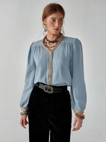 Florisole Boho V-Neck Button-Front Long Sleeve Tie Waist Shirt Casual Spring Fall For Women - Blue - View 3