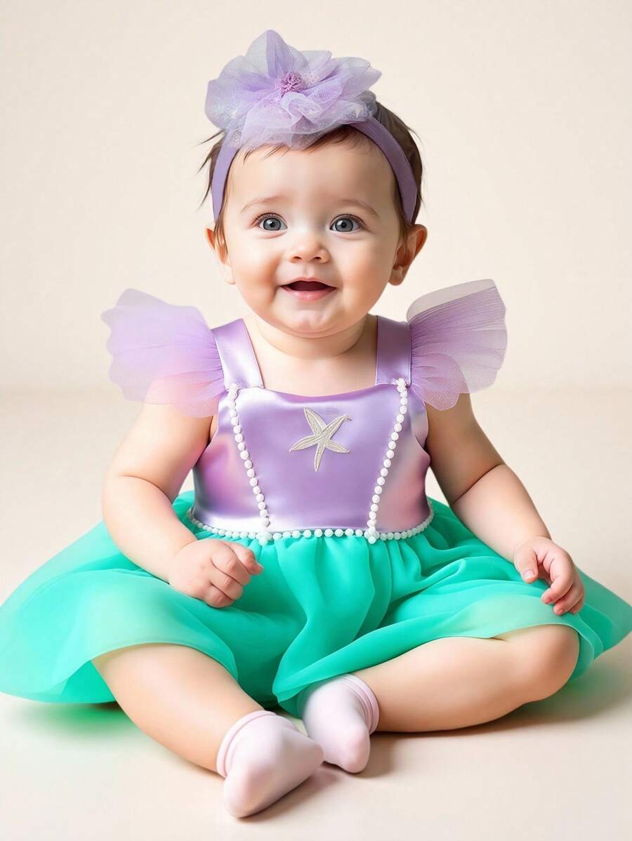 SHEIN Sơ sinh Bé gái Ngọc trai & Sao biển Trang trí Chụp ảnh Váy phồng lưới và Bộ băng đô, Quần áo chụp ảnh, Váy khối màu - Nhiều màu - Xem 1