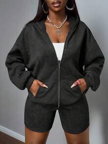 SHEIN Slayr 2025 Summer Autumn And Winter New Casual Loose Black And Gray Snow-Washed Fabric Hooded Cardigan Long Sleeve Sweater + Short Sweatpants Women Two Pieces Set, Suitable For Daily Travel, Shopping, Back To School, Graduation, Brunch Outfit, Airport Outfit, Friends Gathering, Sports And Casual Outfit-A Women 2 Pieces Shorts Set Two Pieces Hoodie Set Women Women Sweatsuit Set - Black - View 3