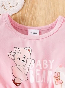 2件套女婴可爱卡通熊印花针织圆领荷叶袖连衣裙，面料舒适，适合户外运动、居家、休闲外出，6个月至2-3岁女婴连衣裙，女婴连衣裙，女婴无袖连衣裙 - 彩色 - 查看 4