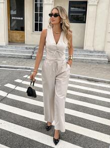 SHEIN Frenchy 2件套女士休闲条纹印花V领无袖上衣和长裤套装 - 杏色 - 查看 10