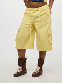 SUMWON WOMEN Quần jeans ống rộng cạp cao dáng rộng, phong cách đường phố, quần dài Bermuda, quần dài đi biển, nhiều túi, thích hợp cho lễ hội trượt ván mùa hè - Màu vàng - Xem 7
