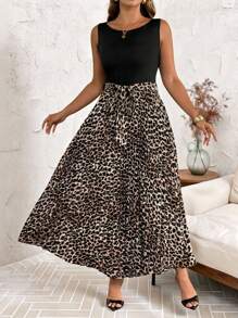 SHEIN Clasi Rochie plisată cu imprimeu leopard și curea în talie, mărime plus, primăvară-vară - Negru - Vizualizare 1