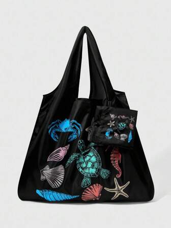 Fairycore 1 pieza Bolso de compras plegable de gran capacidad con estampado de vida marina de moda y monedero