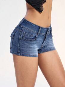SHEIN ICON Shorts de mezclilla elásticos de talle medio para mujer de talla grande en verano - Azul lavado medio - Ver 3