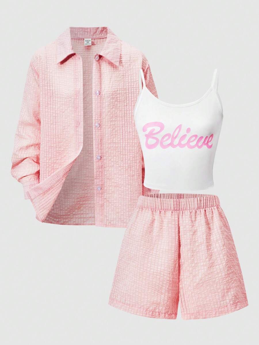 SHEIN Tween Girls Textured Shirt & Graphic Letter Print Tank Top With Shorts Set - Pink - View 1