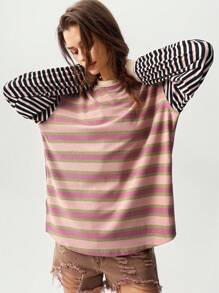 Bohemela Plus Size Contrast Color Stripe Patchwork Drop Shoulder Loose Sweatshirt,Fall Clothes For Women Winter Autumn - Multicolor - View 5