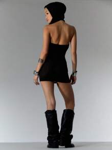 MUSERA 连帽纯色露背无袖连衣裙 Y2k 节日夏季伊比沙岛度假锐舞俱乐部音乐会节日假日黑色派对晚宴 - 黑色 - 查看 2