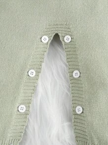 SHEIN 女婴兔子图案针织连体衣，带围兜带和长裤，可爱蓬松兔子，荷叶边袖，秋季/春季 - 綠色 - 查看 6