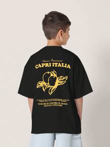 SUMWON 夏季国际意大利卡普里印花超大 T 恤海滩地中海度假旅行节日街头休闲圆领 T 恤 - 黑色 - 查看 1