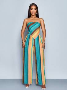 SOLERSUN Women's Spring Summer Vacation Random Graphic Print Asymmetrical Hem Tube Top & Wide-Legged Pants Two Piece Set Beach Outfit - Blue - View 4