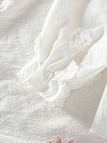 SHEIN 2件套女婴春秋休闲风格套装花朵刺绣长袖上衣和长裤 - 白色 - 查看 4