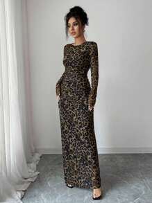 Rafferiza 女士优雅豹纹修身网眼透视长袖连衣裙，适合春秋季长款女装 - 芥末黃 - 查看 4