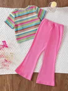 Young Girl Colorful Crocheted Striped 3D Floral Top And Pink Ribbed Flare Pants Set - Pink - View 2