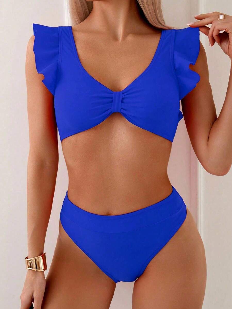 Swim Basics 女士夏季海滩度假简约纯色 V 领荷叶边袖孔褶皱胸围比基尼套装 - 寶藍色 - 查看 1