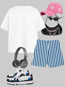 SHEIN Sparklyn 2 件女童休闲时尚柠檬图案字母印花条纹短裤和短袖 T 恤套装 - 彩色 - 查看 2