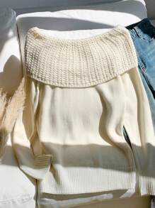 Comfortcana Women's Elegant Off-White Off Shoulder Casual Sweater,Autumn Y2k Vintage Solid Color Tops,School Back-To-School Teacher Streetwear,Fall - Apricot - View 4