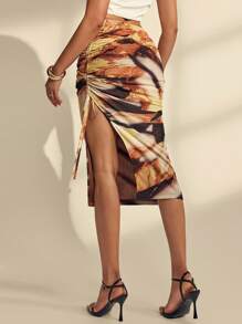 Almamuse Váy xẻ tà lưng cao co giãn in họa tiết nhún bèo cho nữ - Nhiều màu - Xem 2