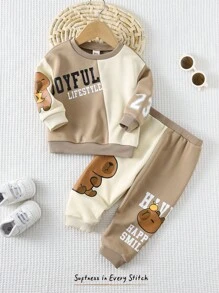 Cozy Pixies Bộ 2 áo nỉ phong cách hoạt hình thường ngày cho bé trai có họa tiết chữ và miếng vá màu tương phản, kết hợp với quần bo gấu màu tương phản, cạp chun, thu/đông - Nhiều màu - Xem 1