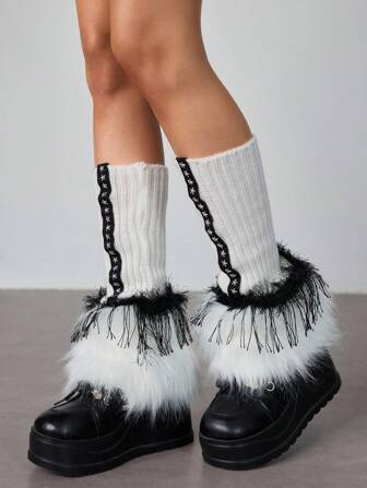 Grunge Punk 1 Pair Punk Style White Solid Color Leg Warmers With Y2K Star Stud Design, Leg Warmers With Furry Patchwork, & Slimming, Suitable For Daily Wear, Holidays, Party Outfit