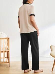 BloomMama Minimalist Color Block Single Button V-Neck Short Sleeve Maternity Home Lounge Set