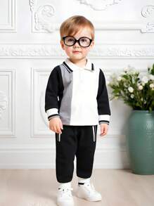 SHEIN 2 pièces/Set Bébé et Tout-petits Garçons Chemise Polo Manches Longues Patchwork Noir et Blanc et Pantalon Noir Tenue, Style décontracté Convenant pour le Port Quotidien, Printemps/Automne - Noir et Blanc - Voir 3