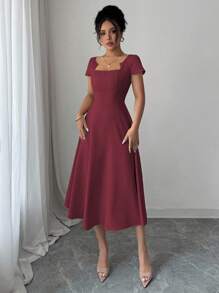 Elenzga 女式法式优雅通勤办公室休闲假日下午茶派对方领胸口收腰喇叭下摆短袖连衣裙，春夏 - 紫紅色 - 查看 6