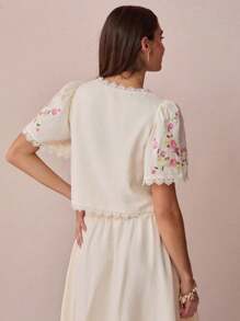 Enchnt 秋冬浪漫女式杏色休闲度假风花卉刺绣V领泡泡袖蕾丝拼接前系结露脐上衣，甜美优雅，适合度假、约会、节日、生日、毕业典礼、办公、外出等场合，秋季女式上衣，秋季返校季，波西米亚风 - 杏色 - 查看 7