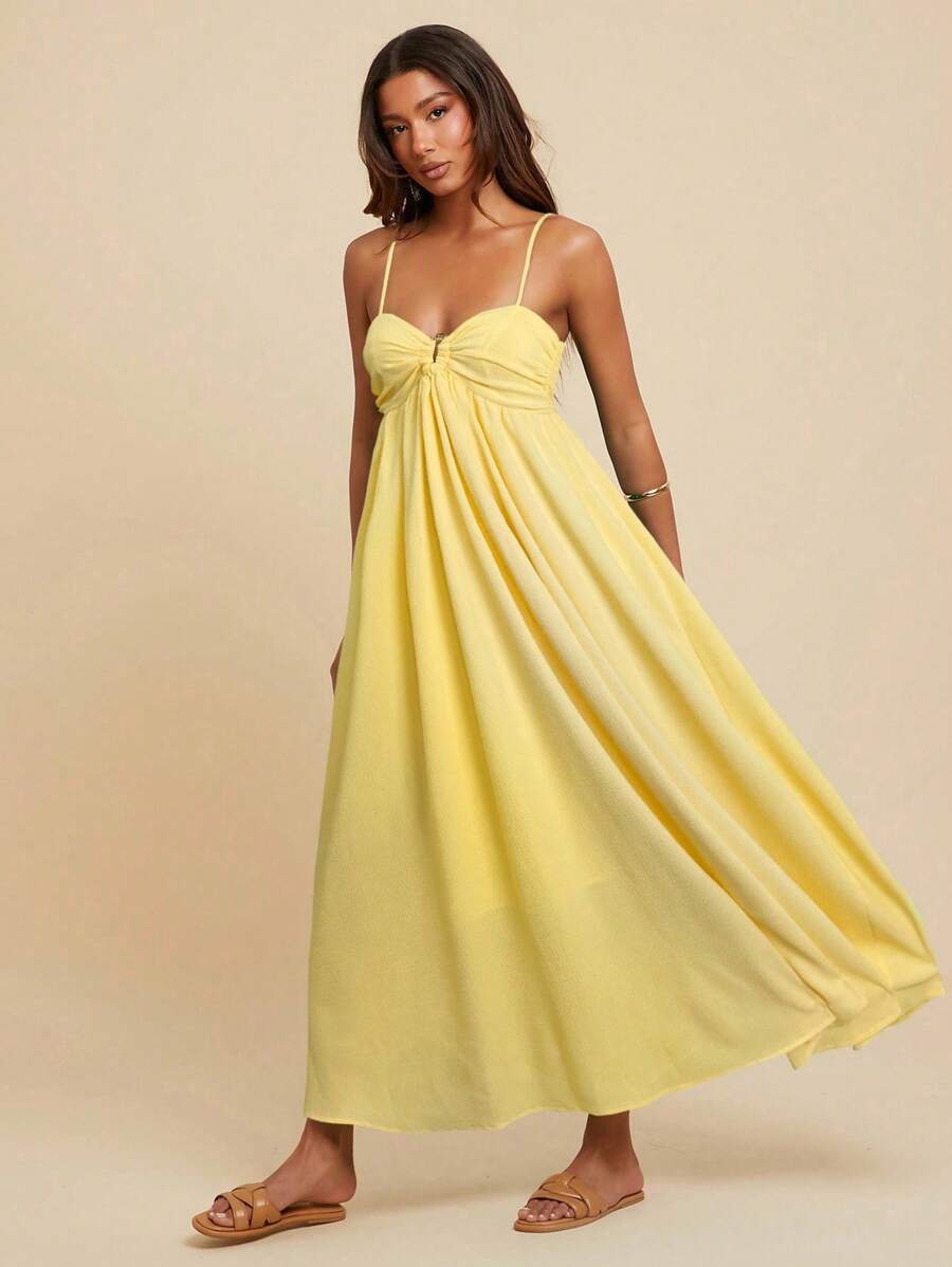 Travachic 女式褶皱无袖连衣裙，度假风格，春夏，女式夏季服装，女式沙滩服装，女式，春假，女式演唱会服装，波西米亚风，狂欢服装，热带度假，节日，浪漫女式夏季连衣裙，波西米亚风女式连衣裙，女式热带连衣裙，女式连衣裙，度假新品女式连衣裙 - 淡黃色 - 查看 1