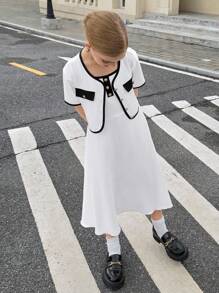 青少年女孩撞色短袖T恤和无袖连衣裙两件套 - 卡其色 - 查看 3