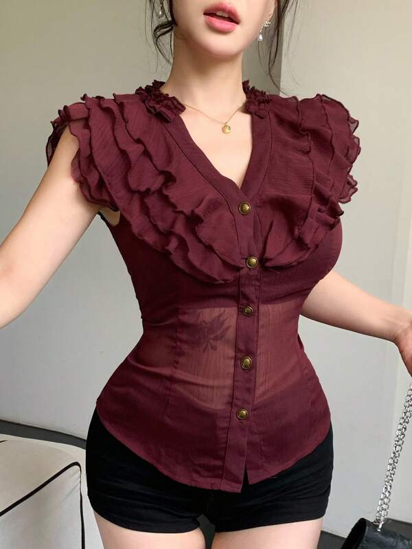 DAZY Layered Ruffled Hem Fitted Sexy Sheer Chiffon Blouse Short Sleeve Cardigan For Women, Summer