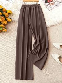 SHEIN Tall Joress Plus Size Women's Solid Color Wide Leg Loose Casual Pants With Waist Tie And Pockets Fall Cloth For Women - Brown - View 2