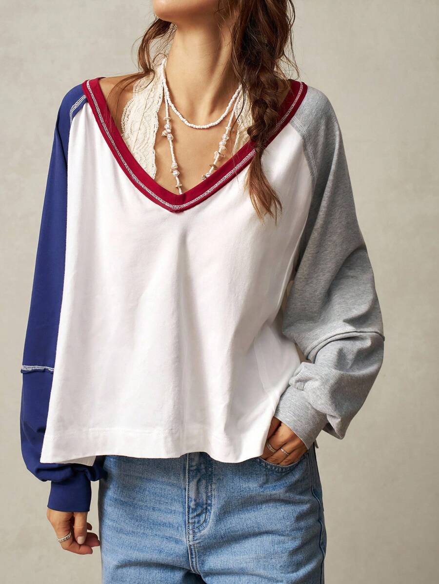 Bohemela Plus Size Casual Color Block Raglan Sleeve T-Shirt,Fall Clothes For Women - Multicolor - View 1