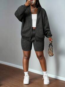 SHEIN Slayr 2025 Summer Autumn And Winter New Casual Loose Black And Gray Snow-Washed Fabric Hooded Cardigan Long Sleeve Sweater + Short Sweatpants Women Two Pieces Set, Suitable For Daily Travel, Shopping, Back To School, Graduation, Brunch Outfit, Airport Outfit, Friends Gathering, Sports And Casual Outfit-A Women 2 Pieces Shorts Set Two Pieces Hoodie Set Women Women Sweatsuit Set - Black - View 7