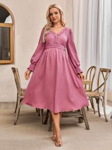 Maternity Elegant Solid Color Ruffle Sleeve Floral Trim Midi Dress - Dusty Pink - View 3