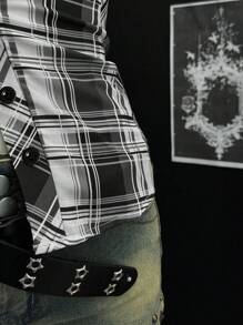 EgrlEra 女式夏季荷叶边单排扣格子拼布短袖衬衫